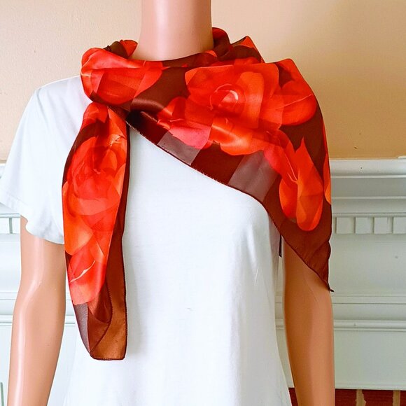 Perry Ellis Accessories - Perry Ellis Square Floral Scarf 40" x 40" Women's Orange & Brown Silky Feel